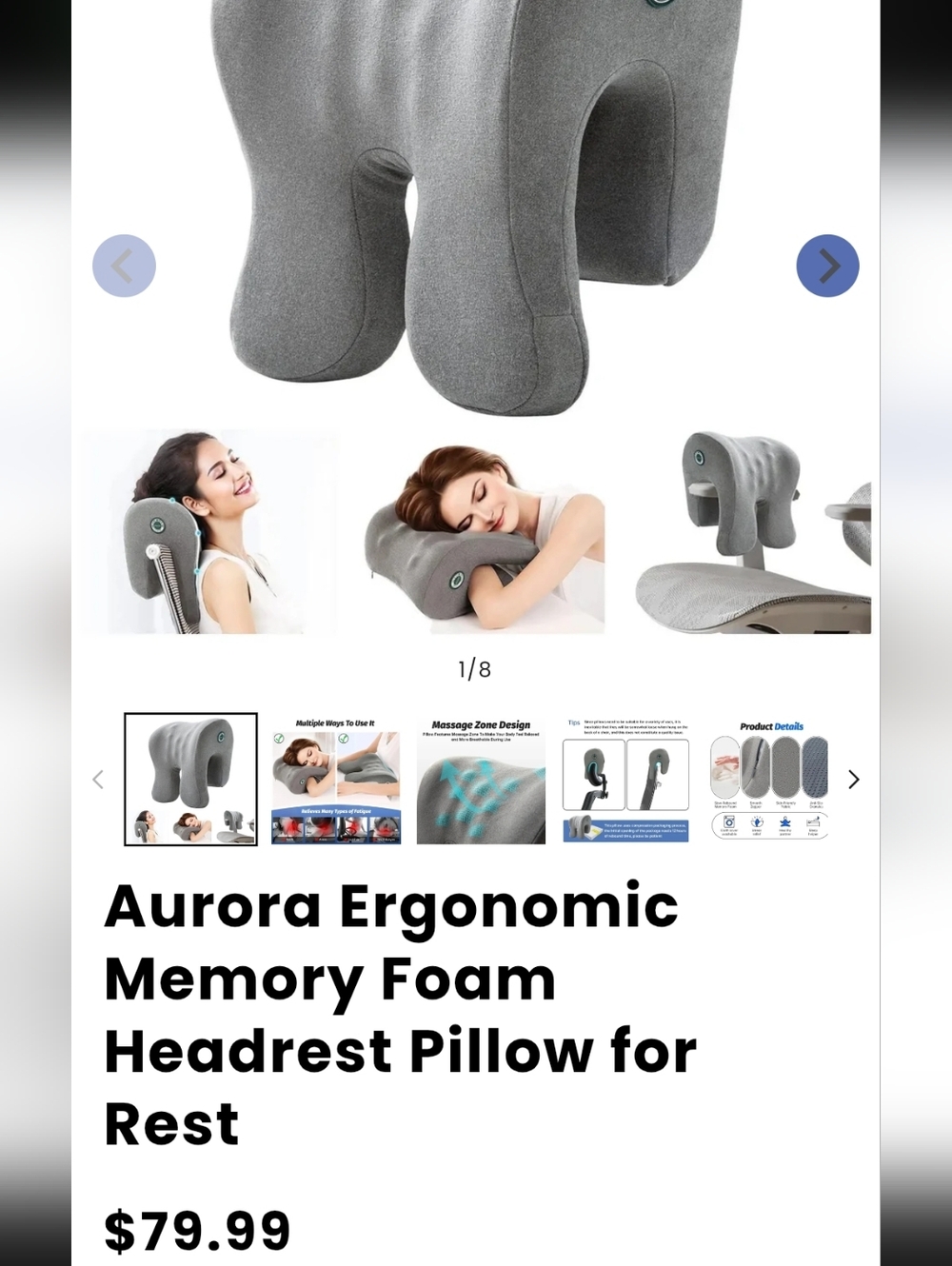 Ergonomic Memory Foam Headrest Pillow - Gray